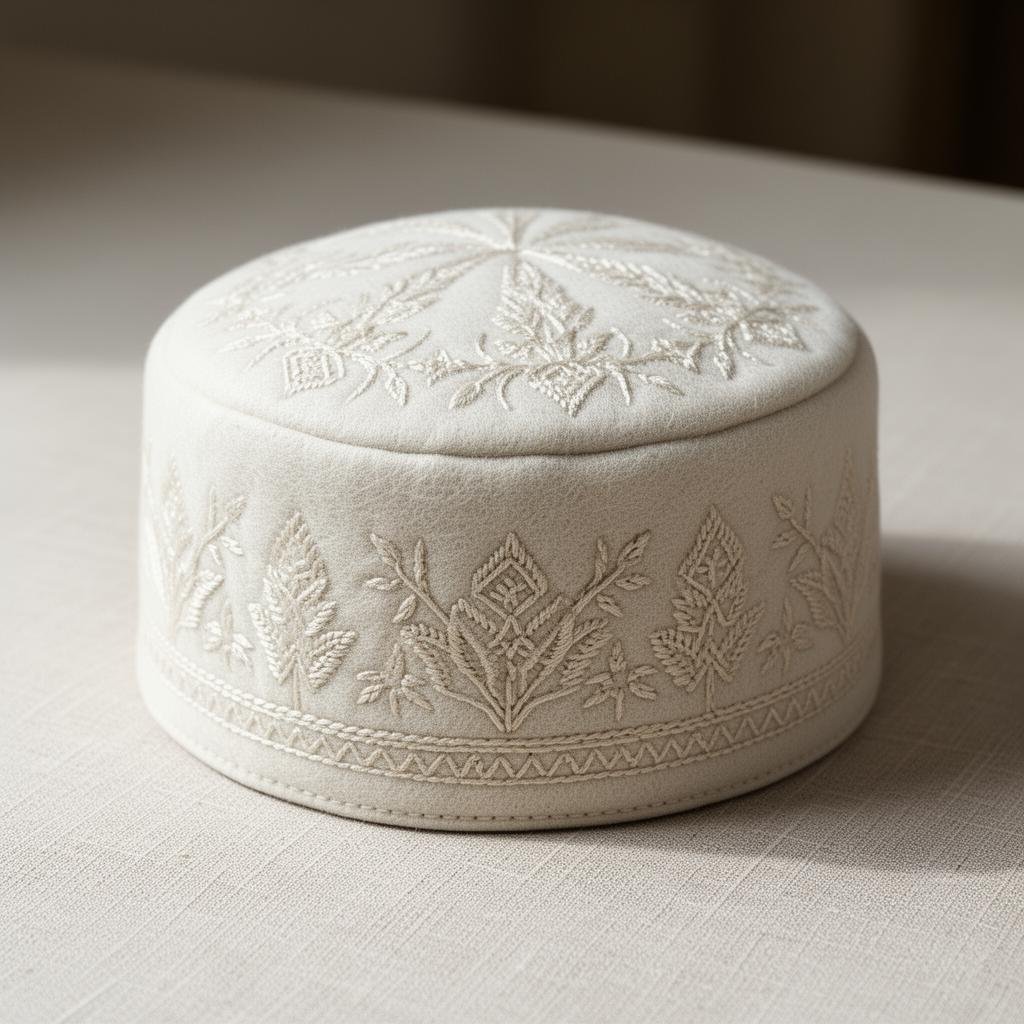 Embroidered Prayer Cap — Ivory Wool