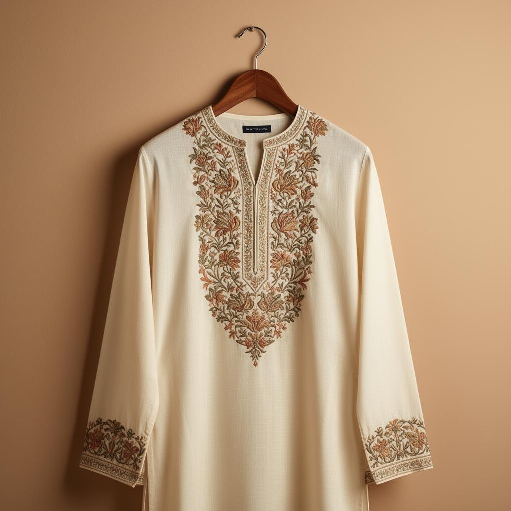 Aari Embroidered Kurta — Ivory Cotton