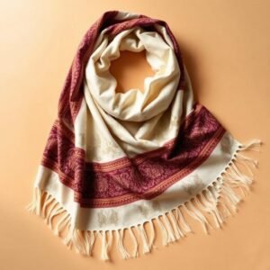 Jamawar Pashmina Shawl — Ivory & Burgundy